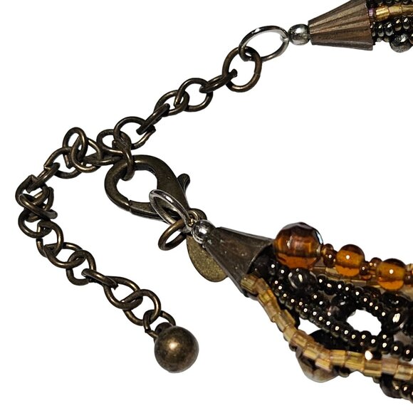 Chicos Seed Beaded Brass Tone Multi Strand Amber Pendant Statement Necklace - Picture 5 of 7